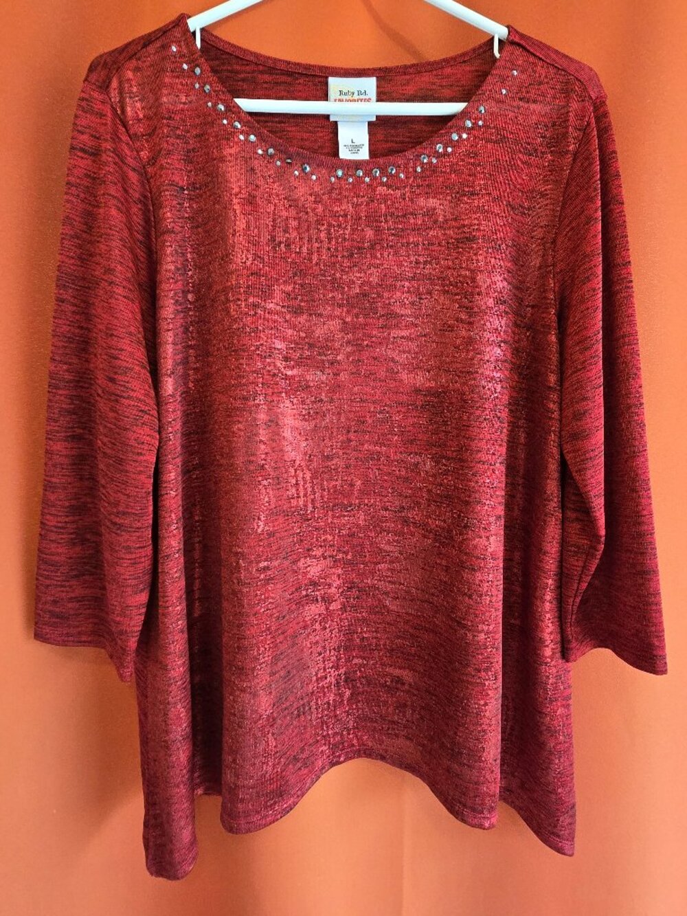 Ruby Rd. Favorites Women's L Red Sheer Silky Top With Rhinestones